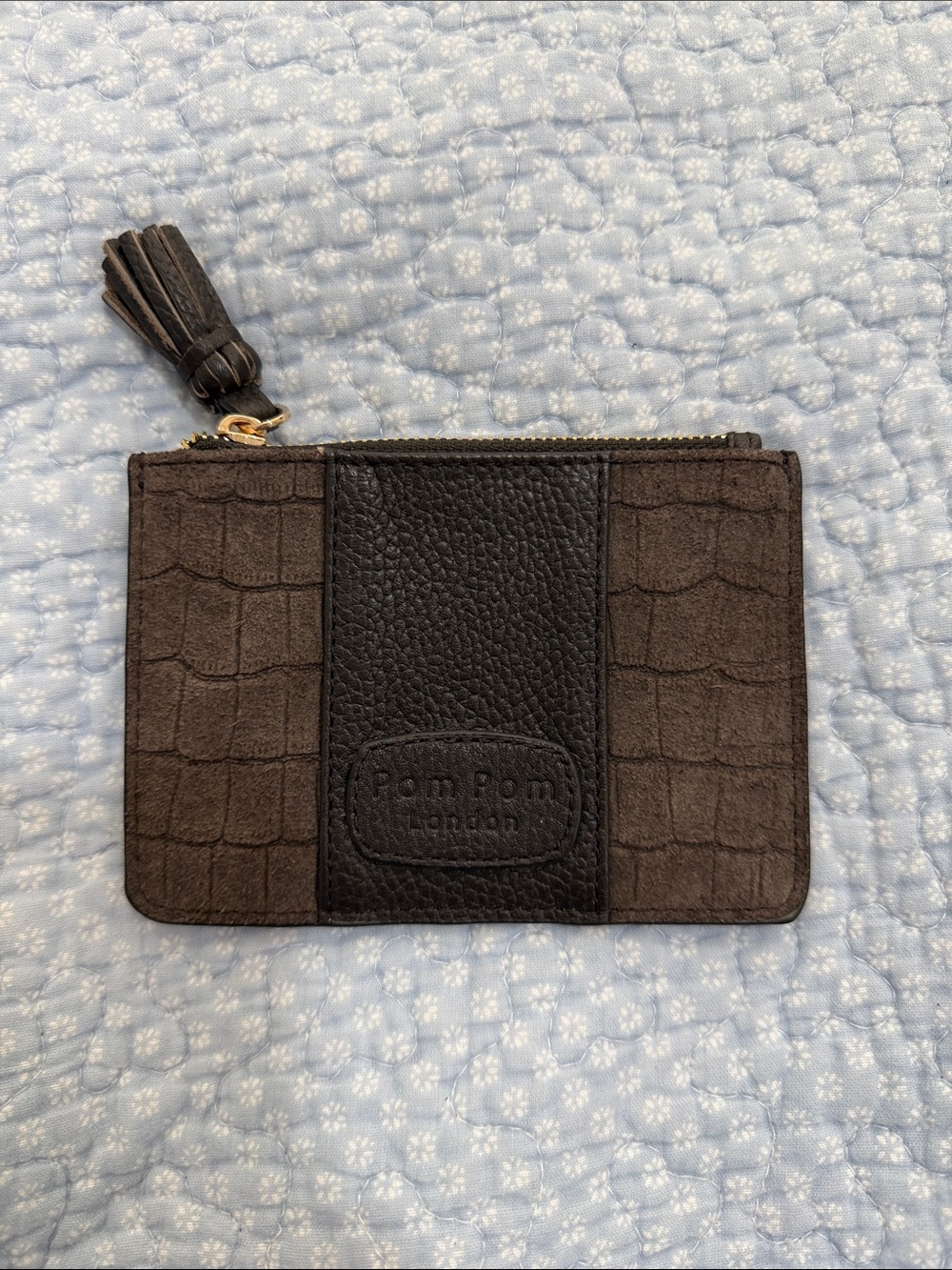 Pom Pom London brown croc suede card case with zip pouch